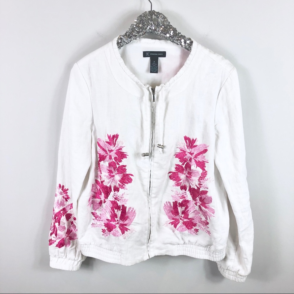 INC Concepts White Floral Linen Bomber Jacket SZ M